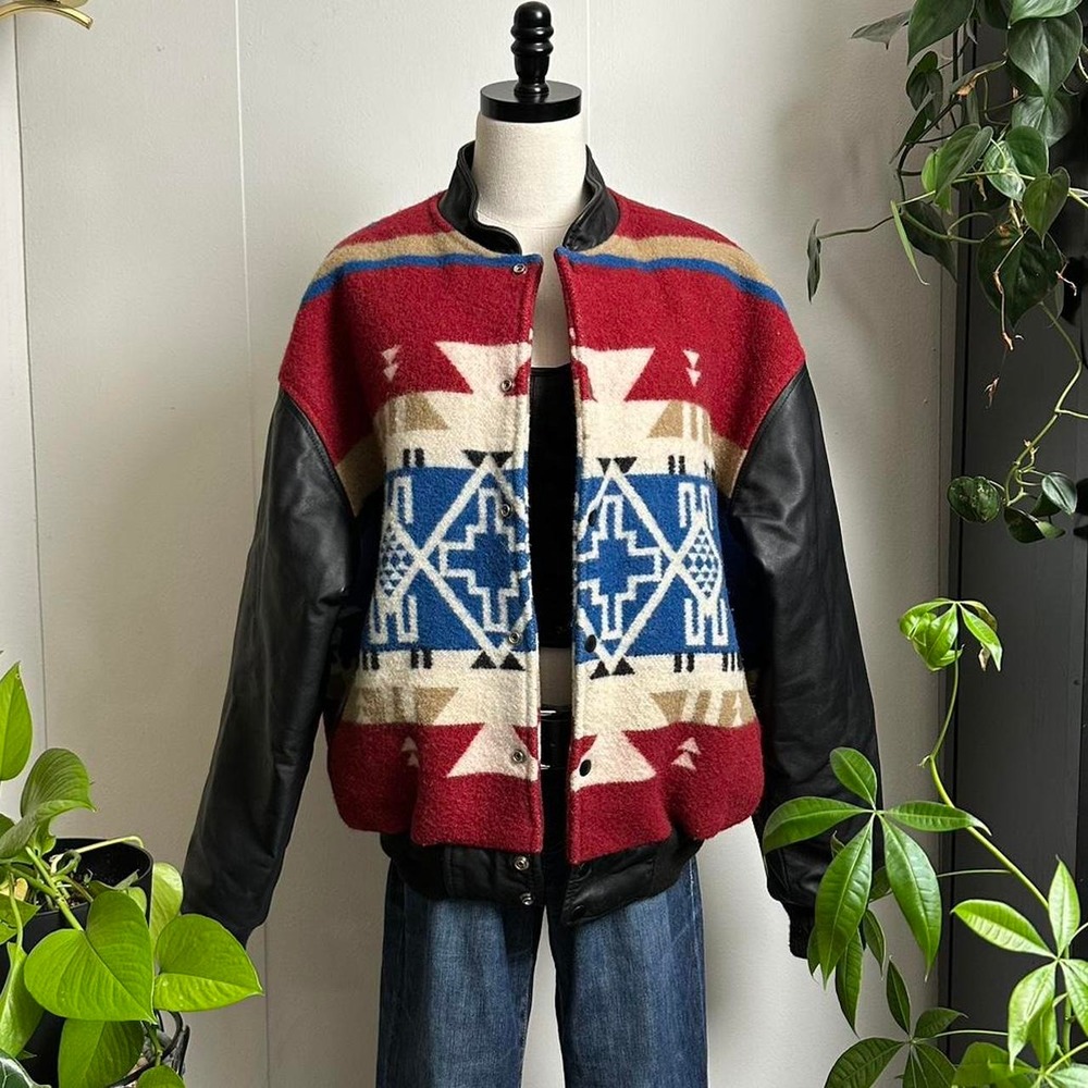 Navajo Textile Canada Vintage Wool Southwest Bomber Jacket Leather Sleeves Men M